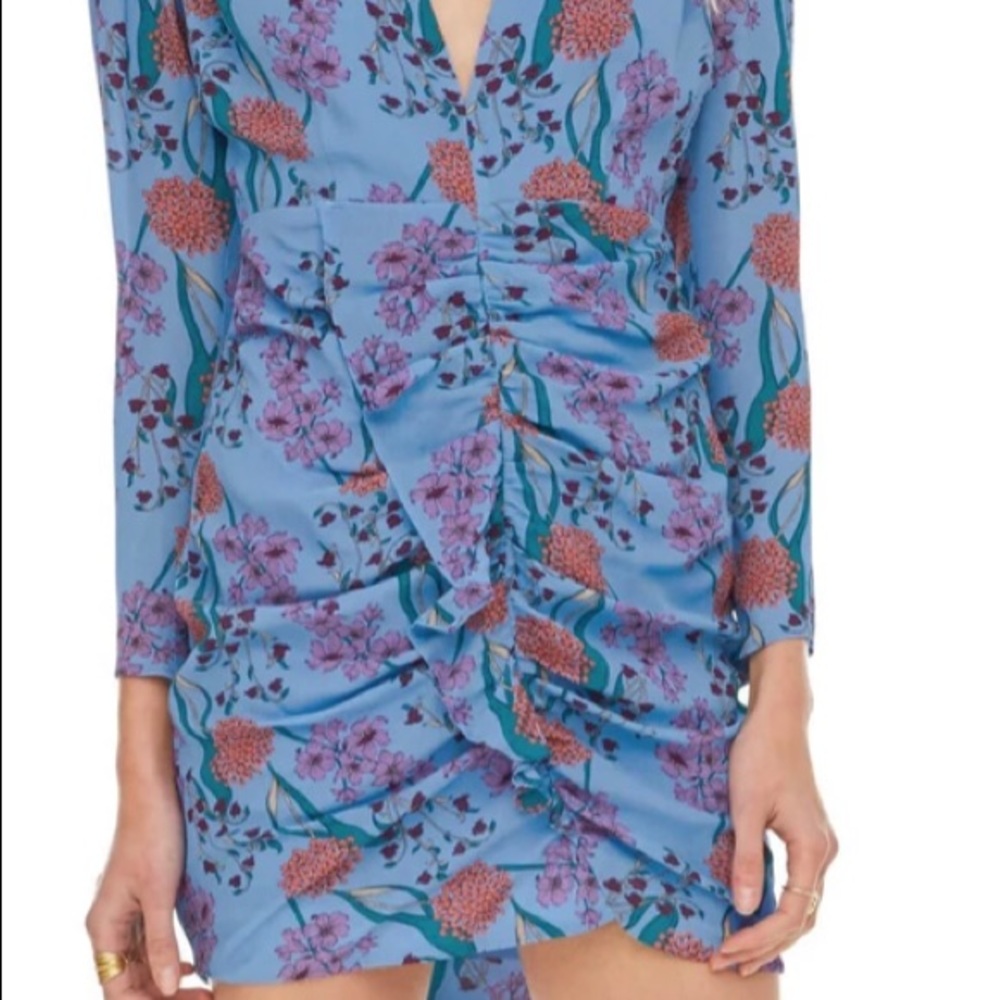 Astr The Label VIGNETTE FLORAL DRESS puff shoulder side ruching long sleeve